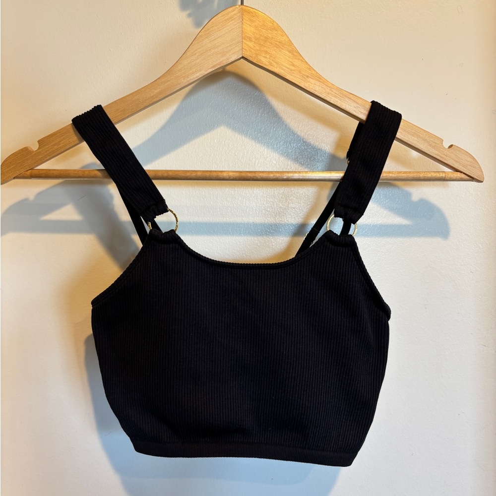 Aerie American Eagle Black Ribbed Bralette Crop Top with Gold Rings